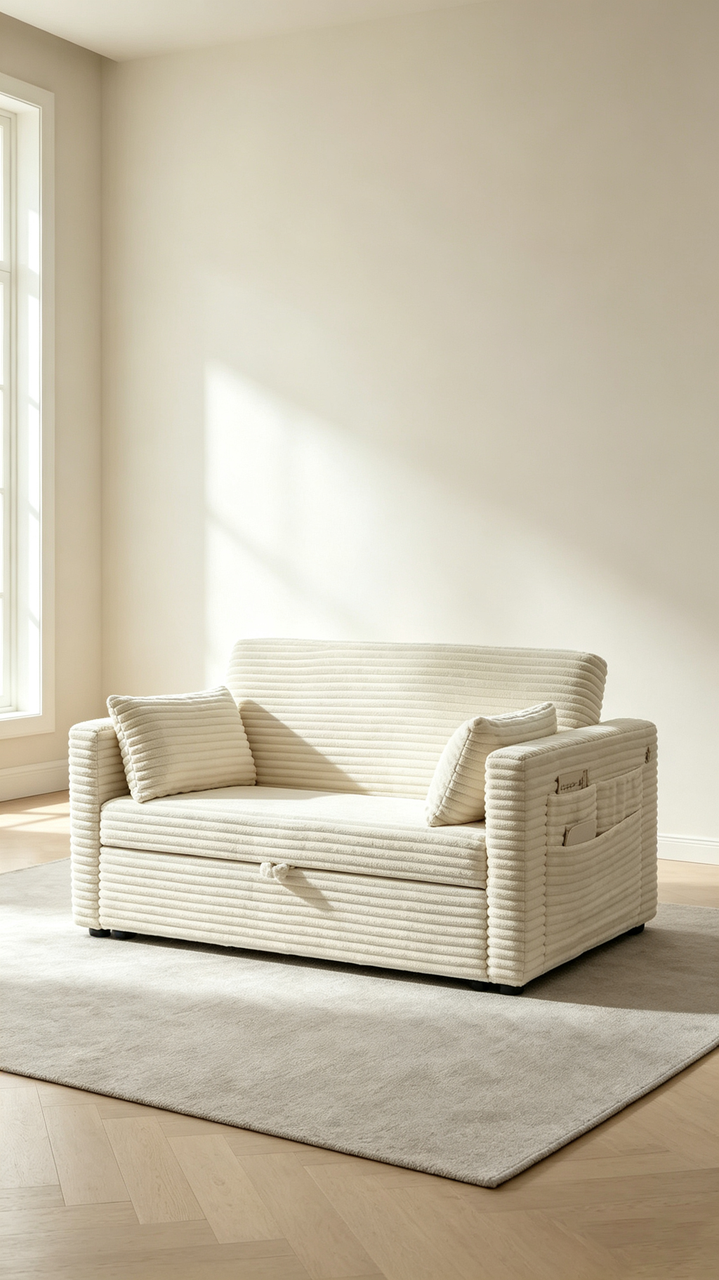 Canapé-lit 2 places en velours côtelé 122 cm, dossier réglable avec station de charge et poches latérales, canapé convertible pour salon, chambre, appartement