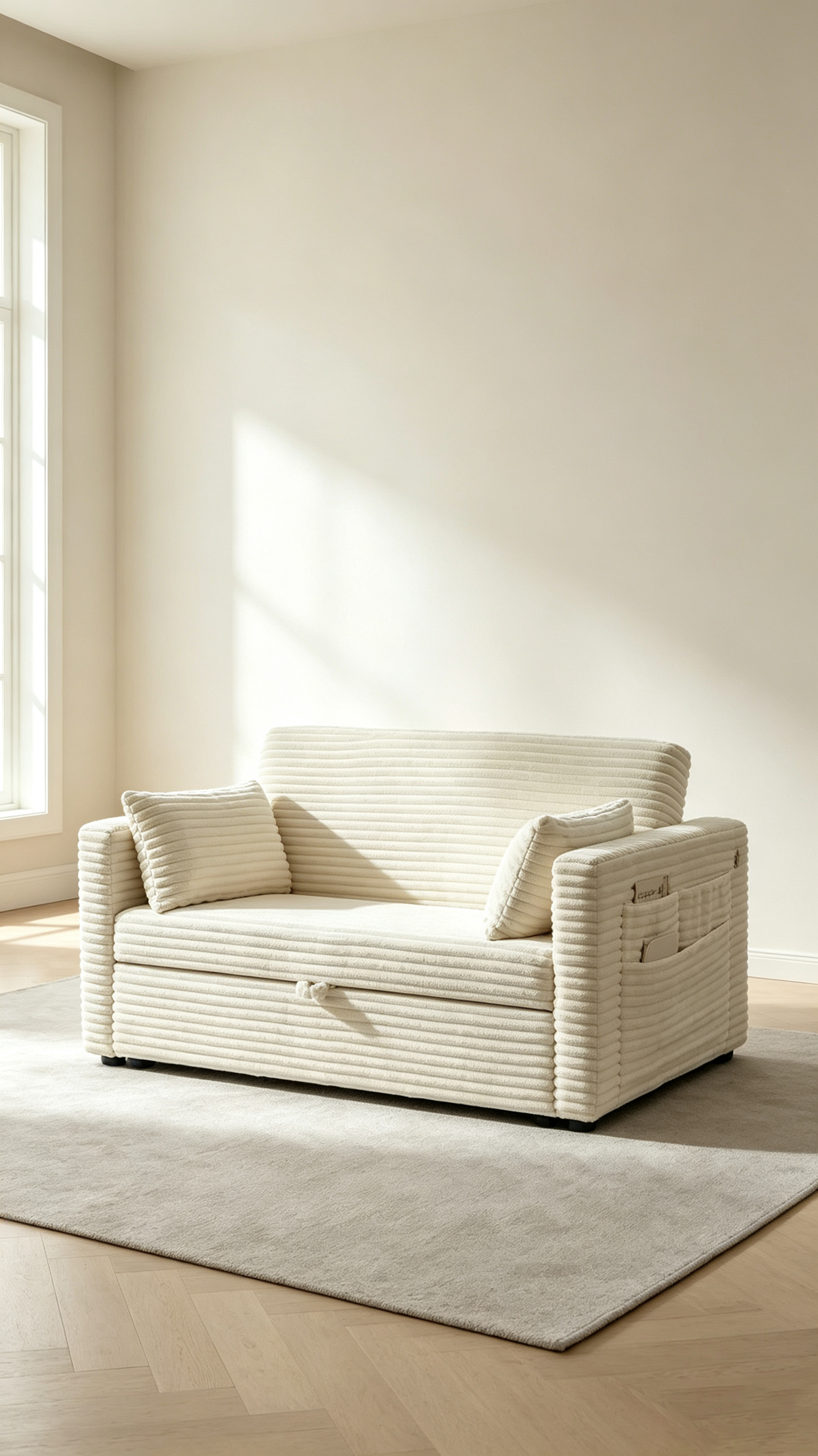 Canapé-lit 2 places en velours côtelé 122 cm, dossier réglable avec station de charge et poches latérales, canapé convertible pour salon, chambre, appartement