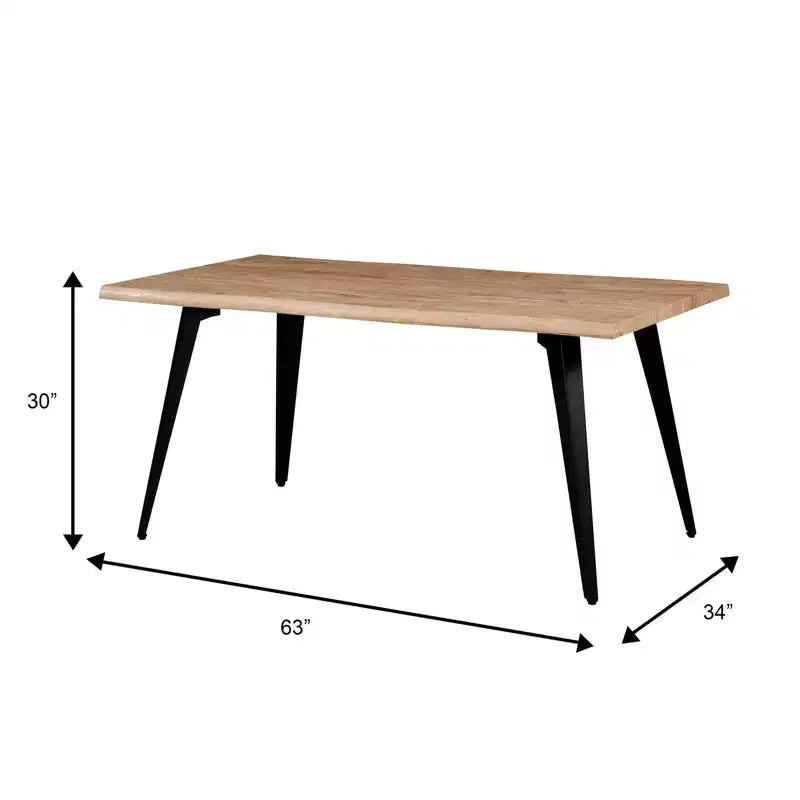 Table à manger moderne rectangulaire de 63 po. Plateau en bois avec bordure ondulée et pieds en métal pour la cuisine, la salle à manger et les espaces contemporains.