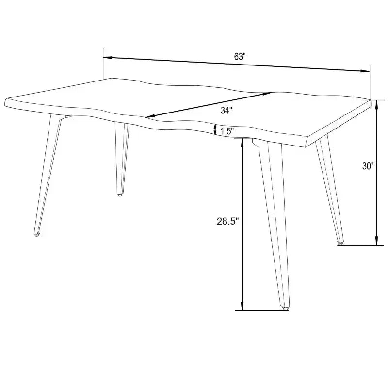 Table à manger moderne rectangulaire de 63 po. Plateau en bois avec bordure ondulée et pieds en métal pour la cuisine, la salle à manger et les espaces contemporains.