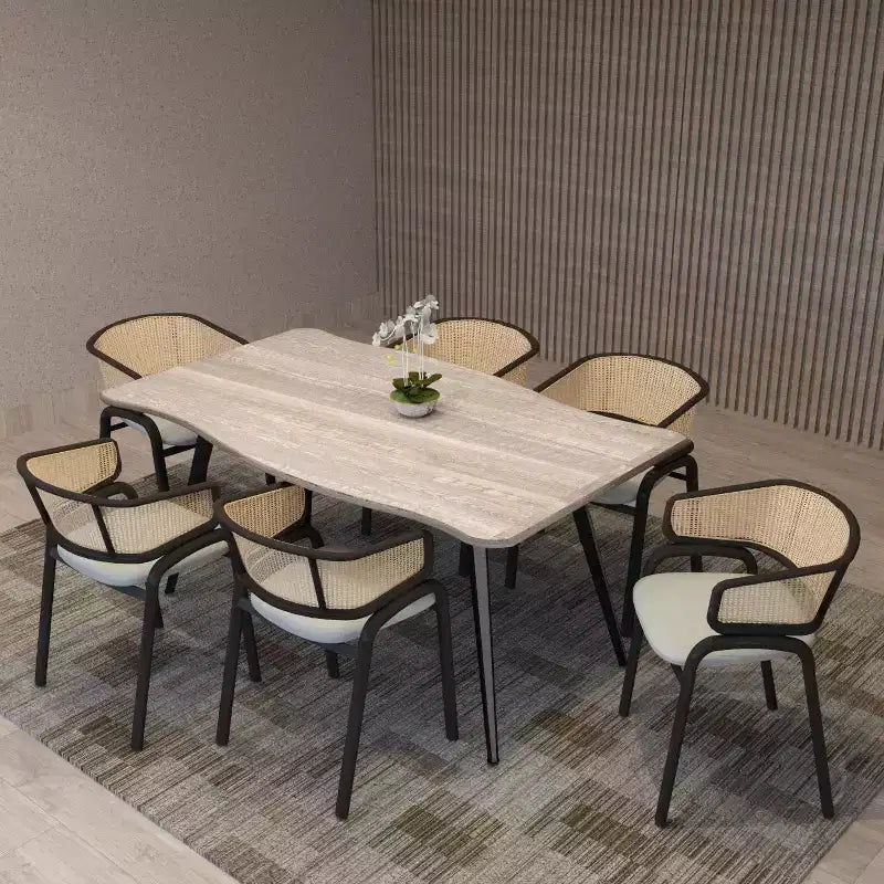 Table à manger moderne rectangulaire de 63 po. Plateau en bois avec bordure ondulée et pieds en métal pour la cuisine, la salle à manger et les espaces contemporains.