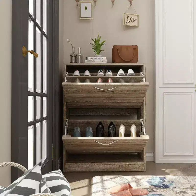 Meuble à Chaussures à Abattants en Noyer Lignes Ajouées Design