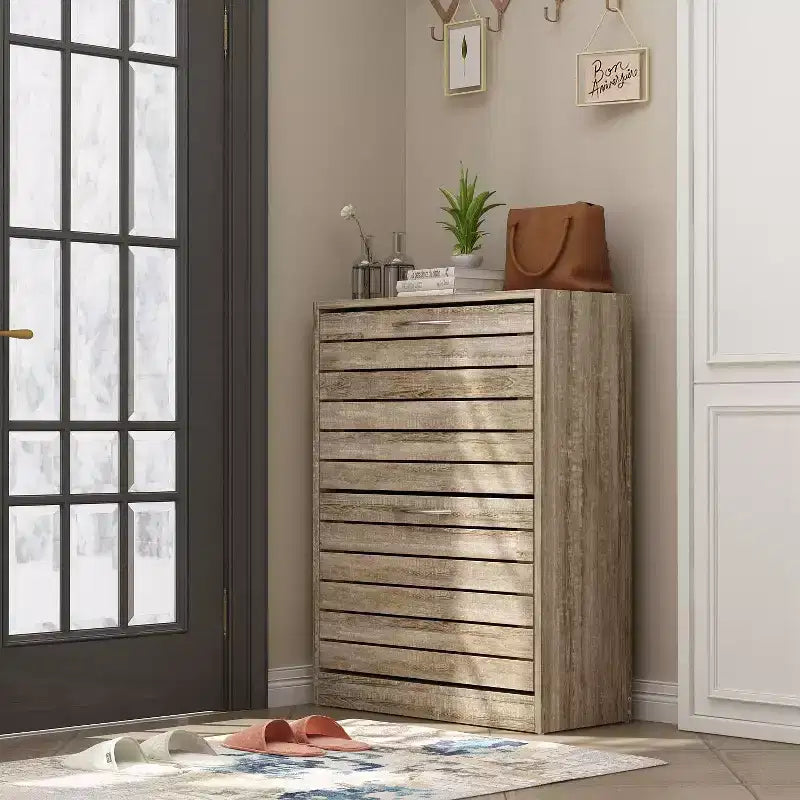 Hitow Woodgrain Tipping Shoe Cabinet Openwork Lines Design