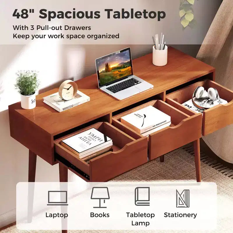 Bureau d'écriture 48" - Table de travail d'ordinateur de style Mid-Century avec 3 tiroirs