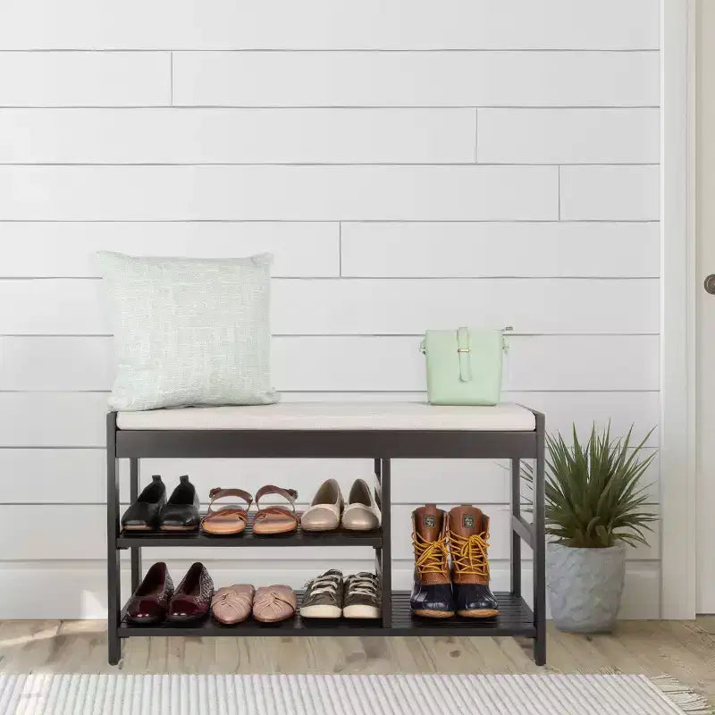 Banc à Chaussures, Étagère à Chaussures en Bois à 3 Niveaux avec Coussin Rembourré