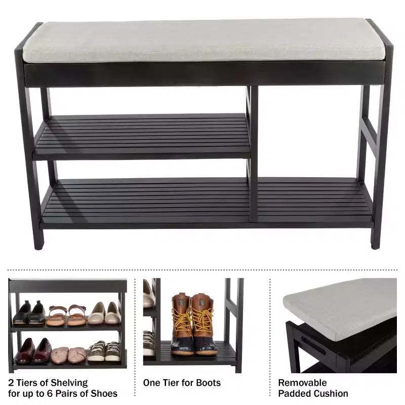 Banc à Chaussures, Étagère à Chaussures en Bois à 3 Niveaux avec Coussin Rembourré