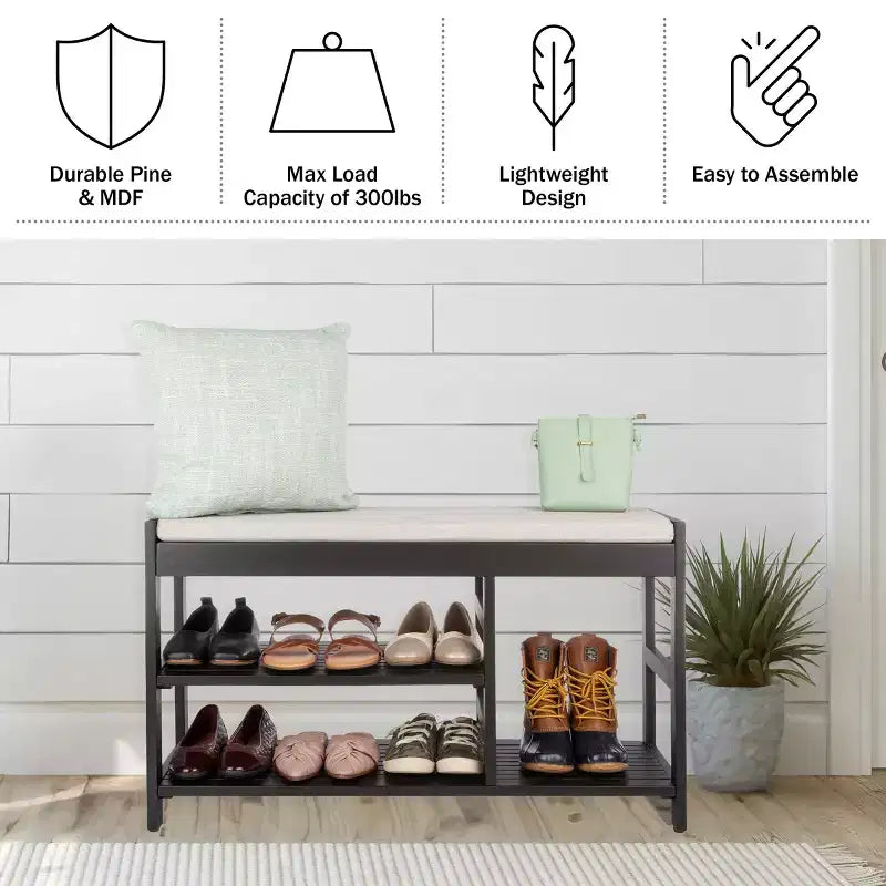 Banc à Chaussures, Étagère à Chaussures en Bois à 3 Niveaux avec Coussin Rembourré