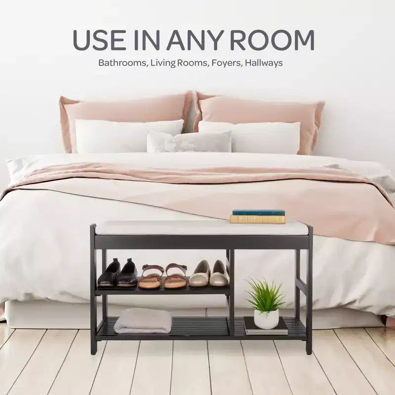 Banc à Chaussures, Étagère à Chaussures en Bois à 3 Niveaux avec Coussin Rembourré