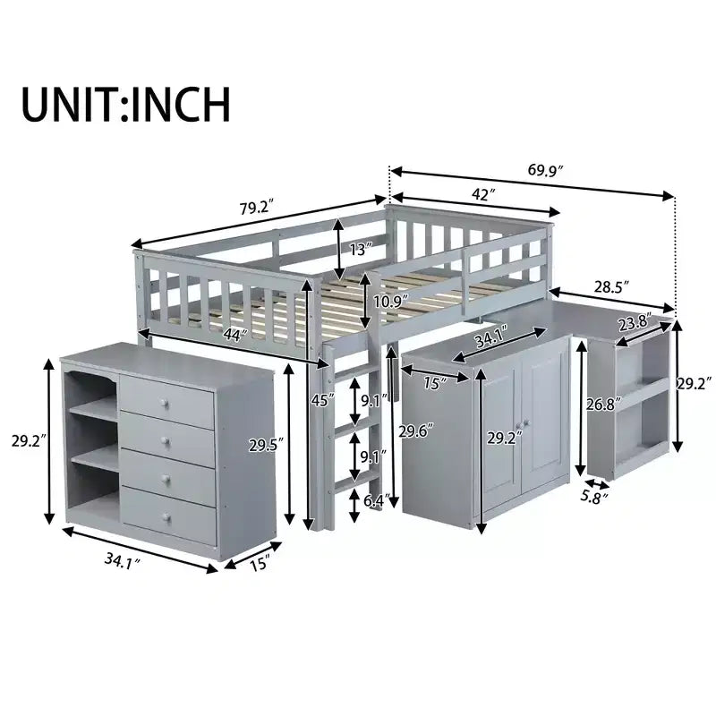 Lit mezzanine jumeau 79,2 L x 42 l avec armoire de rangement, tiroir et étagère et bureau coulissant