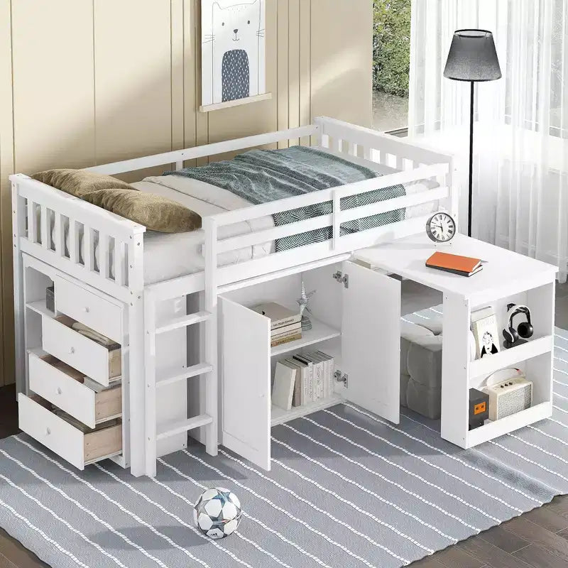 Lit mezzanine jumeau 79,2 L x 42 l avec armoire de rangement, tiroir et étagère et bureau coulissant