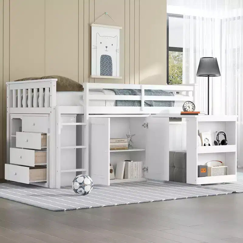 Lit mezzanine jumeau 79,2 L x 42 l avec armoire de rangement, tiroir et étagère et bureau coulissant