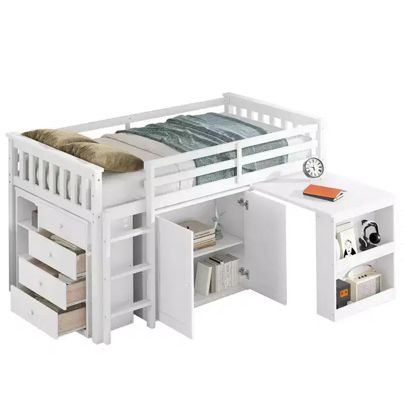 Lit mezzanine jumeau 79,2 L x 42 l avec armoire de rangement, tiroir et étagère et bureau coulissant