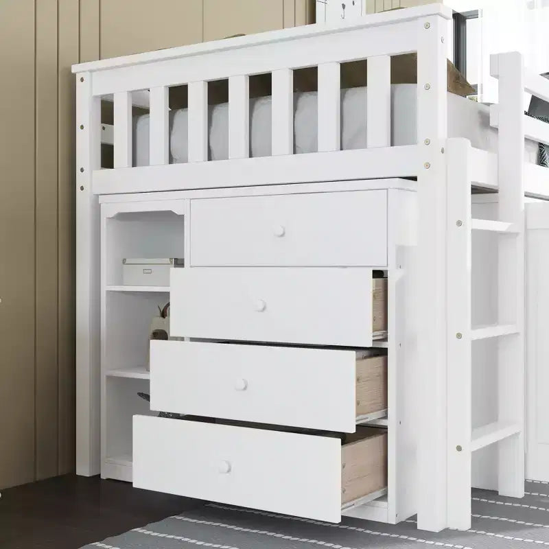 Lit mezzanine jumeau 79,2 L x 42 l avec armoire de rangement, tiroir et étagère et bureau coulissant