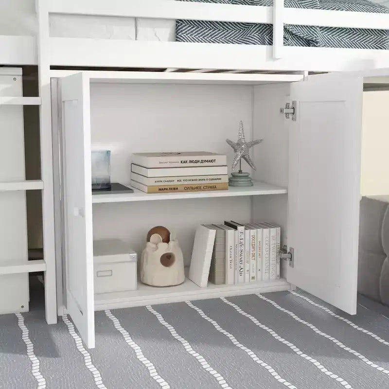 Lit mezzanine jumeau 79,2 L x 42 l avec armoire de rangement, tiroir et étagère et bureau coulissant
