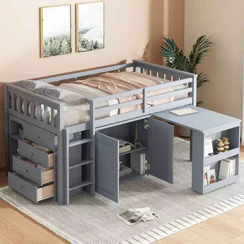 Lit mezzanine jumeau 79,2 L x 42 l avec armoire de rangement, tiroir et étagère et bureau coulissant
