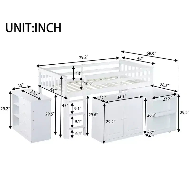 Lit mezzanine jumeau 79,2 L x 42 l avec armoire de rangement, tiroir et étagère et bureau coulissant