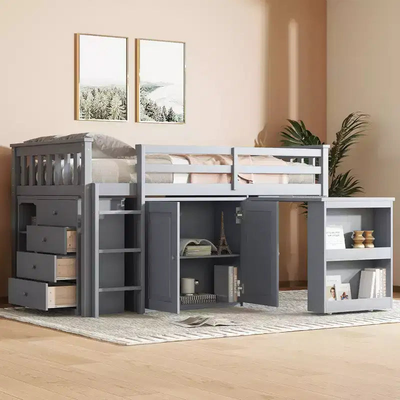 Lit mezzanine jumeau 79,2 L x 42 l avec armoire de rangement, tiroir et étagère et bureau coulissant