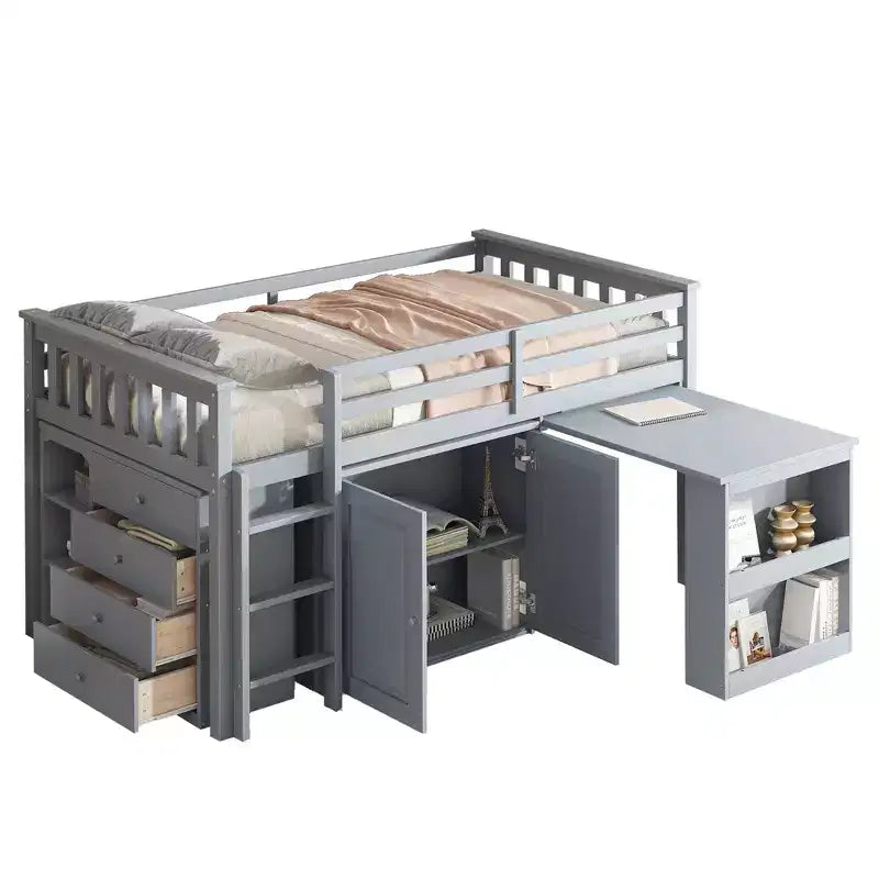 Lit mezzanine jumeau 79,2 L x 42 l avec armoire de rangement, tiroir et étagère et bureau coulissant