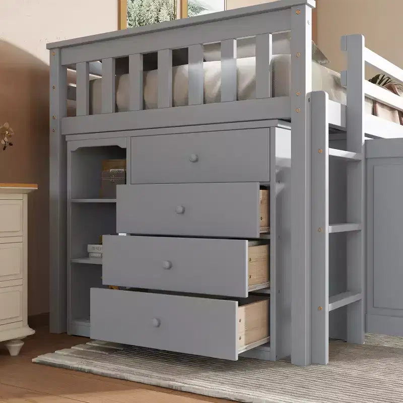 Lit mezzanine jumeau 79,2 L x 42 l avec armoire de rangement, tiroir et étagère et bureau coulissant