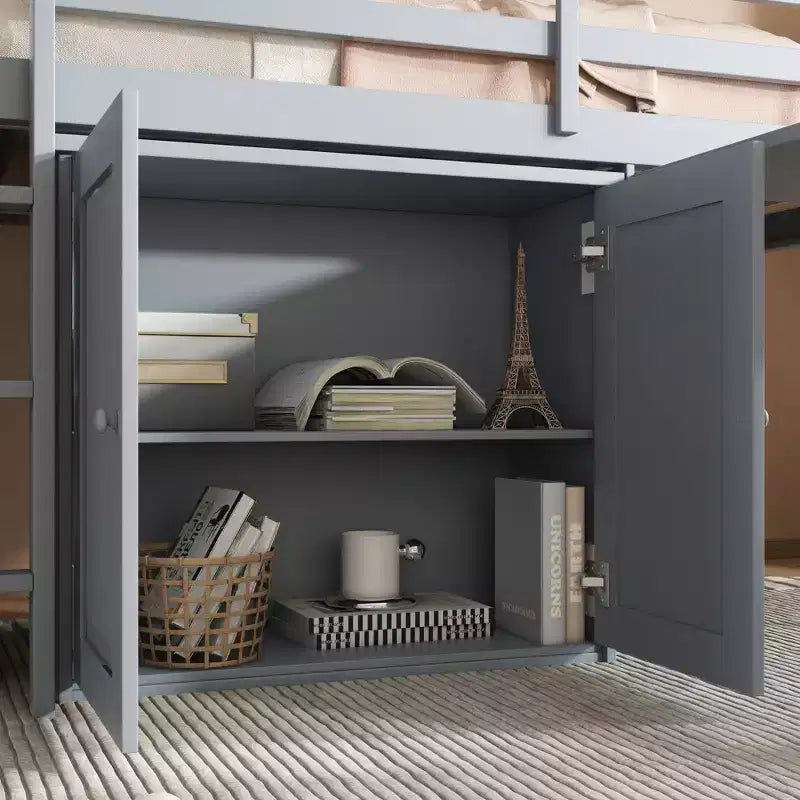 Lit mezzanine jumeau 79,2 L x 42 l avec armoire de rangement, tiroir et étagère et bureau coulissant