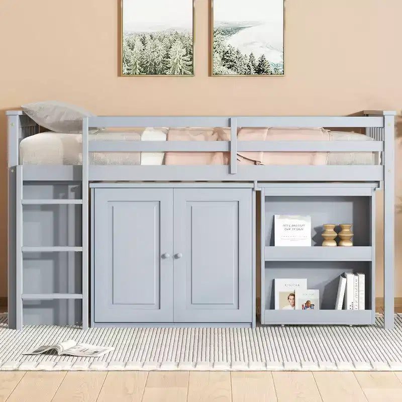 Whisen 79.2L x 42W Twin Loft Bed with Storage Cabinet, Drawer and Shelf Cabinet and Pulling-Out Desk