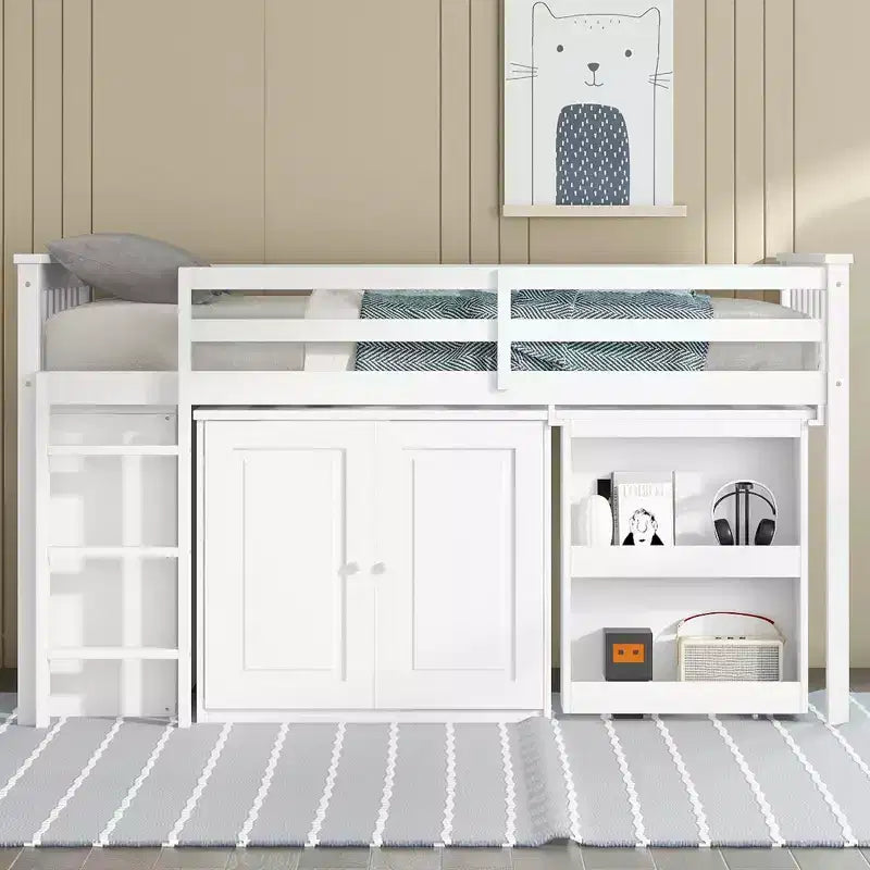 Lit mezzanine jumeau 79,2 L x 42 l avec armoire de rangement, tiroir et étagère et bureau coulissant