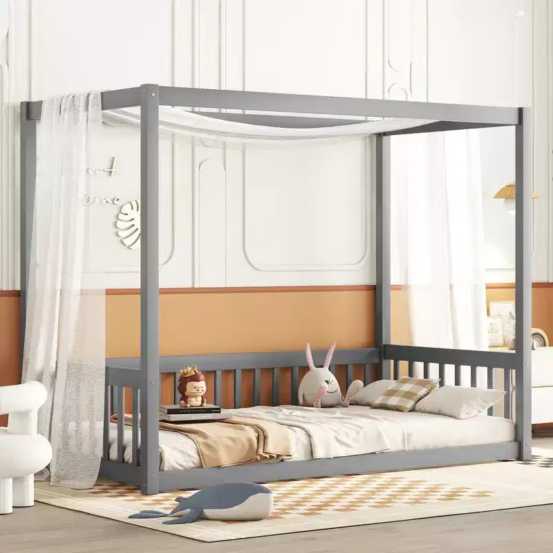 Whisen Twin Size Minimalist Canopy Floor Bed Frame, Montessori Floor Bed with Fence and Guardrails