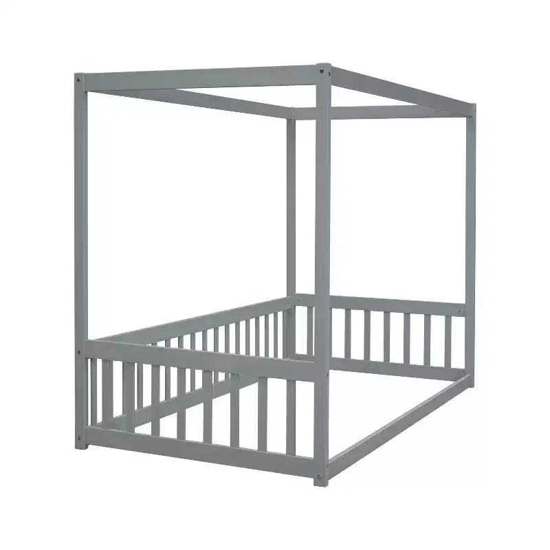 Lit cabane Montessori au sol minimaliste avec barrières et rambardes