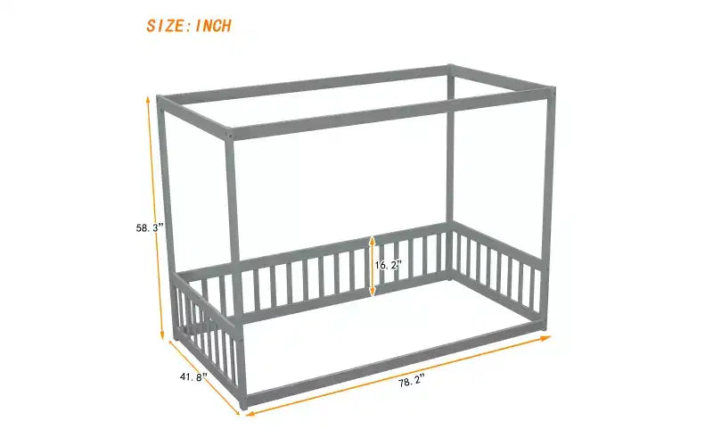 Lit cabane Montessori au sol minimaliste avec barrières et rambardes