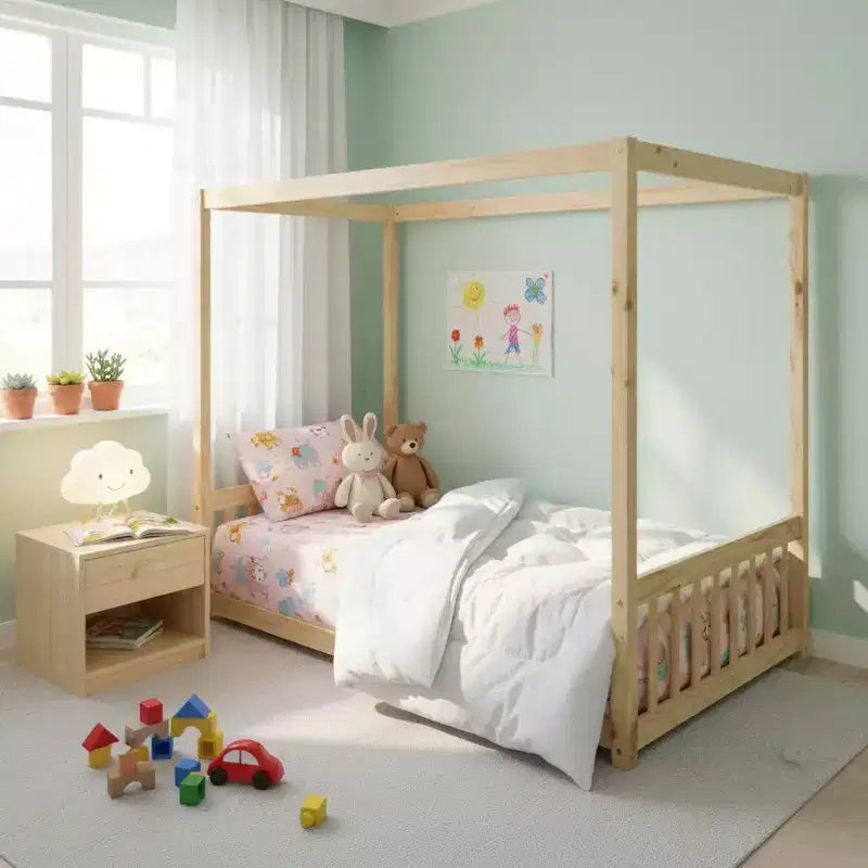 Lit cabane Montessori au sol minimaliste avec barrières et rambardes