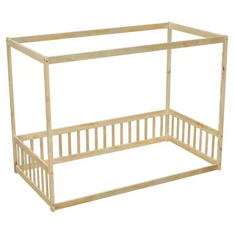 Lit cabane Montessori au sol minimaliste avec barrières et rambardes