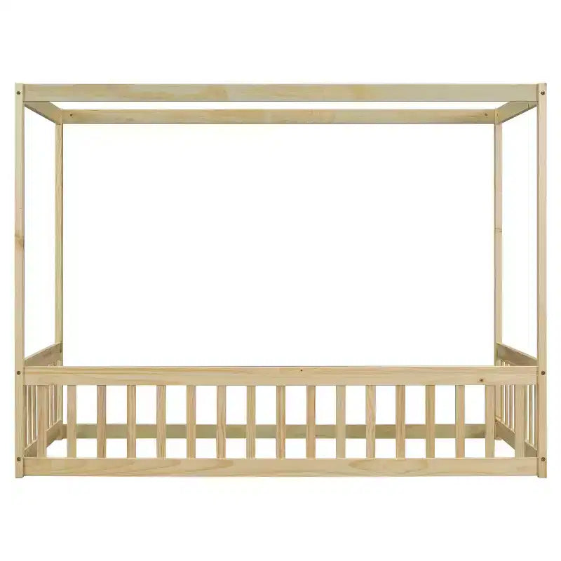 Lit cabane Montessori au sol minimaliste avec barrières et rambardes