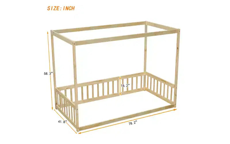 Lit cabane Montessori au sol minimaliste avec barrières et rambardes