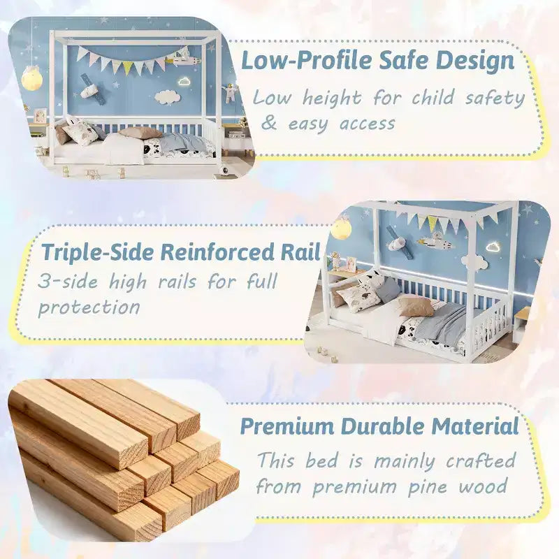 Lit cabane Montessori au sol minimaliste avec barrières et rambardes