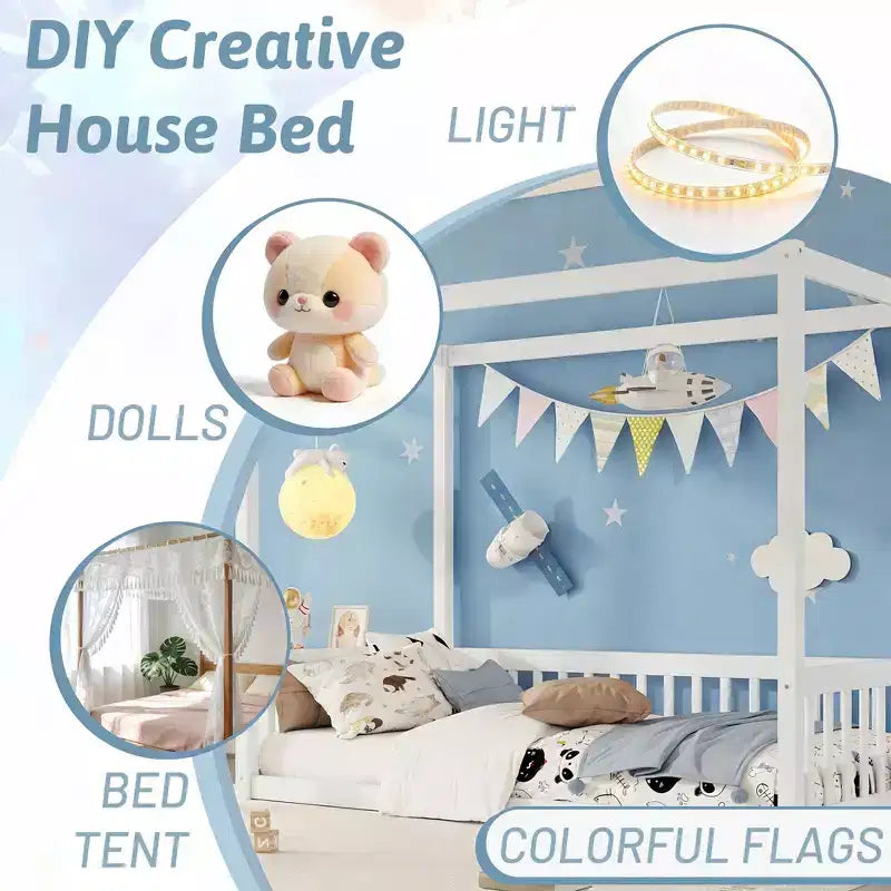Lit cabane Montessori au sol minimaliste avec barrières et rambardes