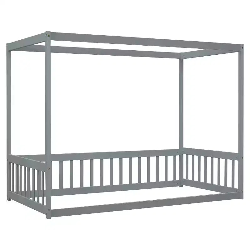 Lit cabane Montessori au sol minimaliste avec barrières et rambardes