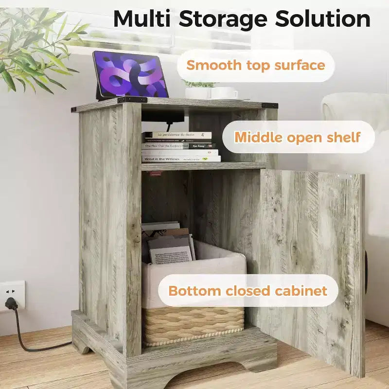 Table de chevet de ferme avec station de recharge, table de chevet haute avec design en X, table d'appoint rustique en bois