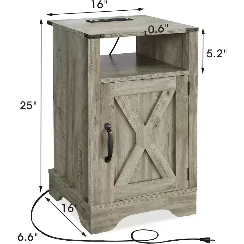 Table de chevet de ferme avec station de recharge, table de chevet haute avec design en X, table d'appoint rustique en bois