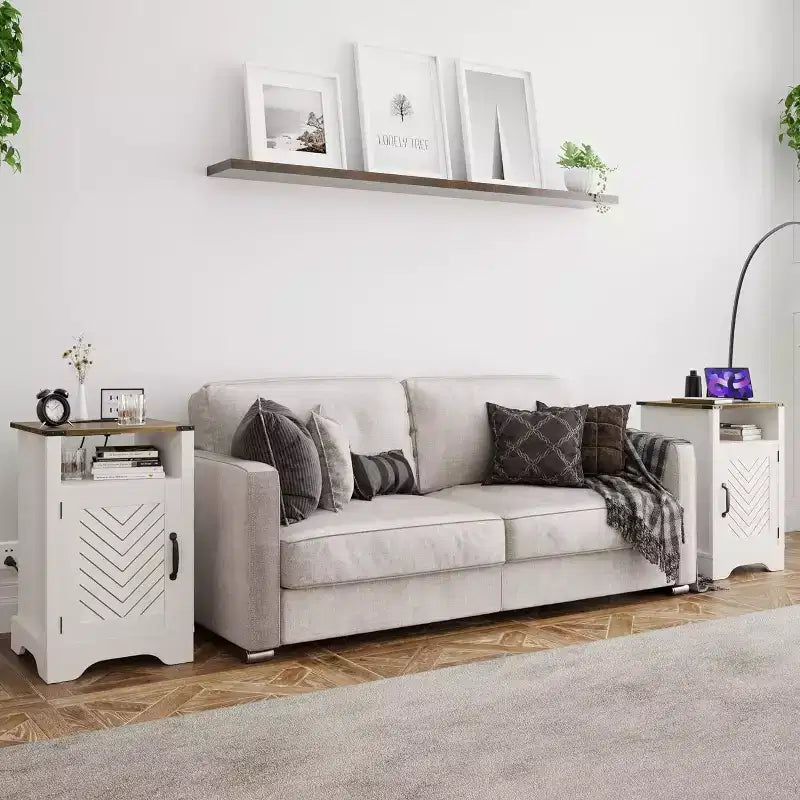 Table de chevet de ferme avec station de recharge, table de chevet haute avec design en X, table d'appoint rustique en bois