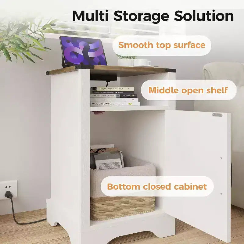 Table de chevet de ferme avec station de recharge, table de chevet haute avec design en X, table d'appoint rustique en bois