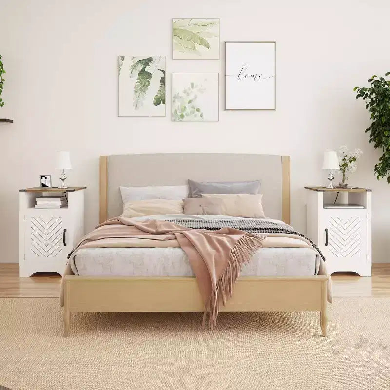 Table de chevet de ferme avec station de recharge, table de chevet haute avec design en X, table d'appoint rustique en bois