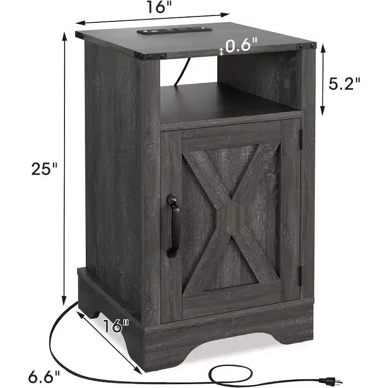 Table de chevet de ferme avec station de recharge, table de chevet haute avec design en X, table d'appoint rustique en bois