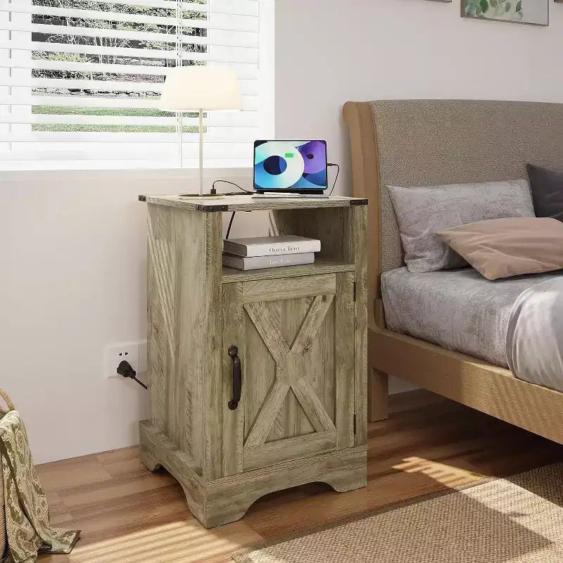 Table de chevet de ferme avec station de recharge, table de chevet haute avec design en X, table d'appoint rustique en bois