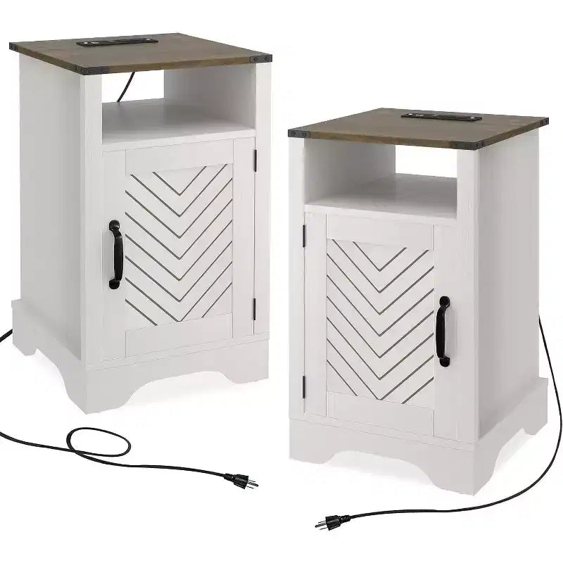 Table de chevet de ferme avec station de recharge, table de chevet haute avec design en X, table d'appoint rustique en bois