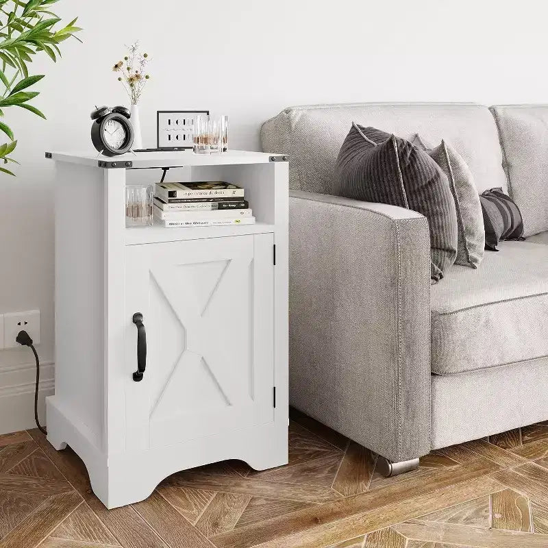Table de chevet de ferme avec station de recharge, table de chevet haute avec design en X, table d'appoint rustique en bois