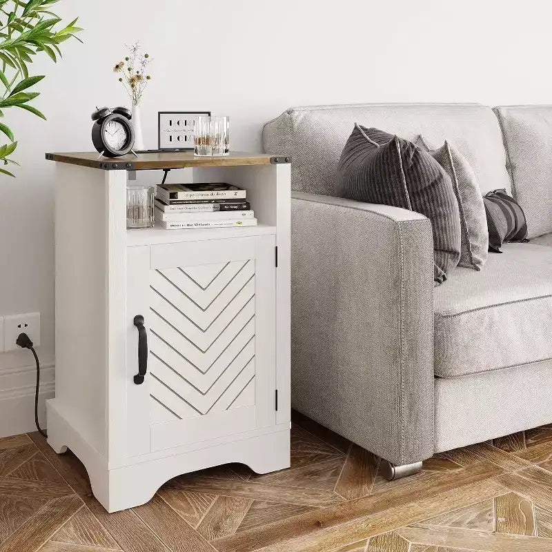 Table de chevet de ferme avec station de recharge, table de chevet haute avec design en X, table d'appoint rustique en bois