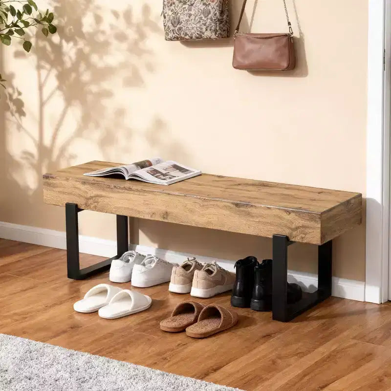 59W Shoe Bench Dining Bench Bed Bench Entryway Benche Kitchen Table Benche, Natural Wood Wash+Black-ModernLuxe