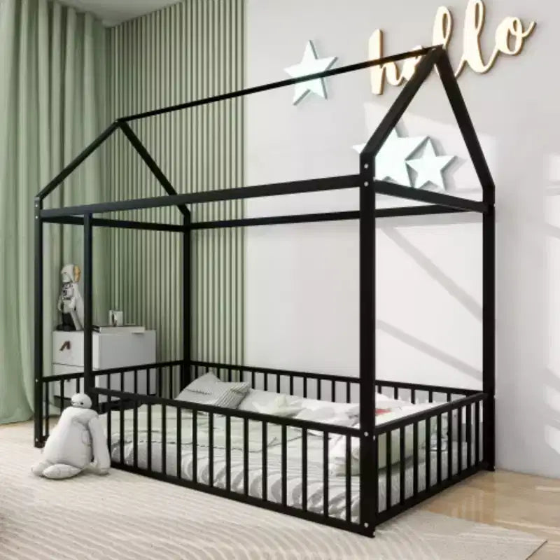 Metal Twin House-Shaped Bed Frame with Enclosing Fence