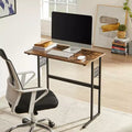 VECELO 32/44 in. Small Computer Desk, Wooden Writing Study Work Desk with Storage &amp; Hook for Home or Bedroom, Brown