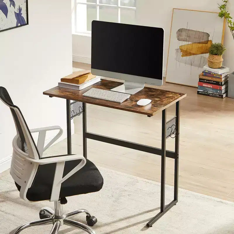 VECELO 32/44 in. Small Computer Desk, Wooden Writing Study Work Desk with Storage &amp; Hook for Home or Bedroom, Brown